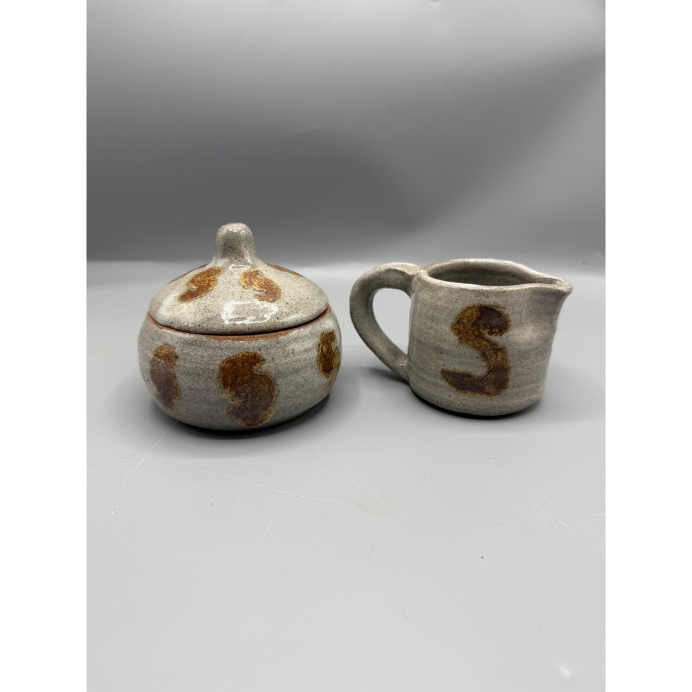 Vtg Studio Pottery Sugar Creamer Set Rustic Stoneware Boho‎ Farmhouse Kitchen